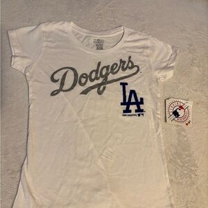 LA Dodgers Youth White T-Shirt with Silver Script